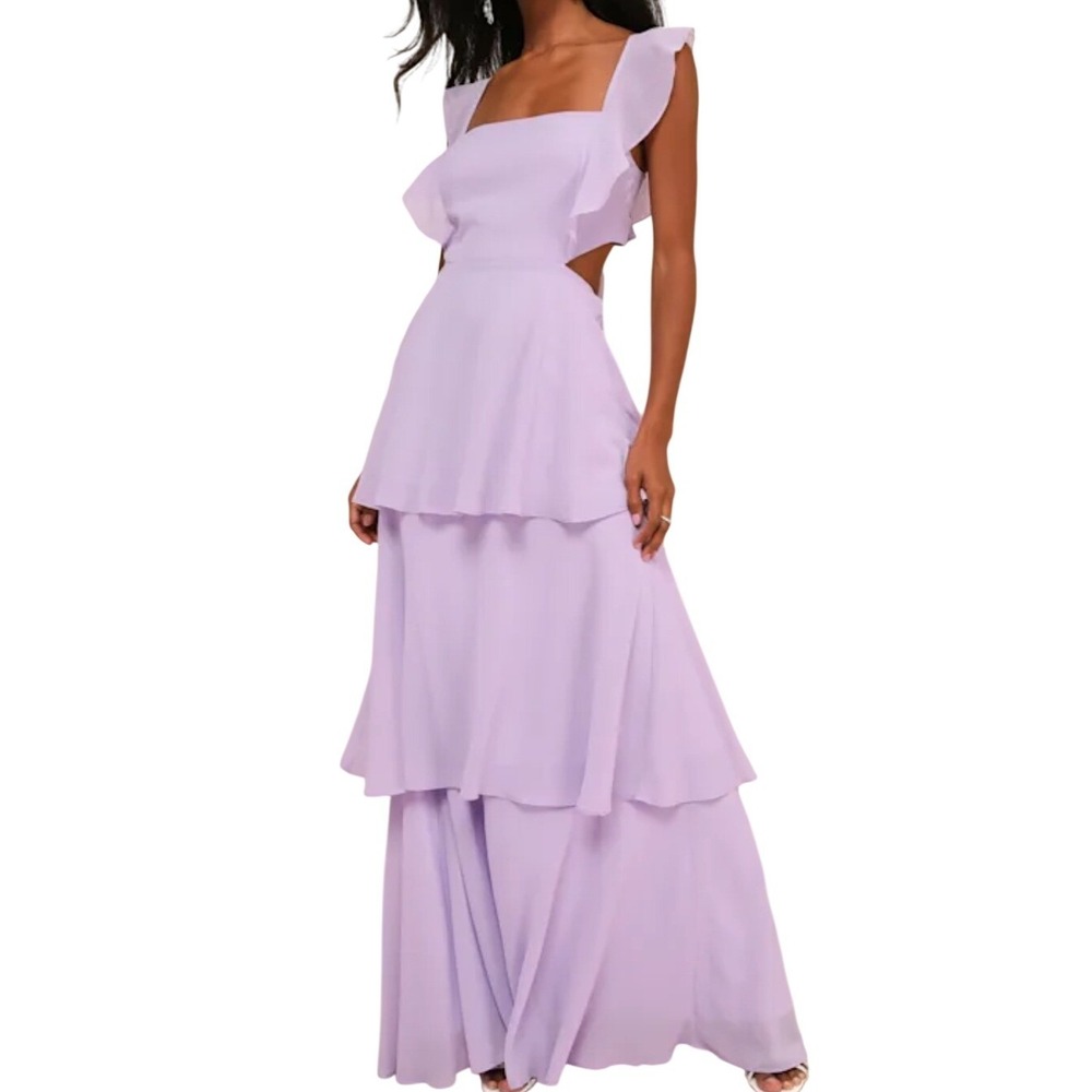NWT Lulus Elegant Event Lavender Ruffled Tie-Back Tiered Maxi Dress M Formal